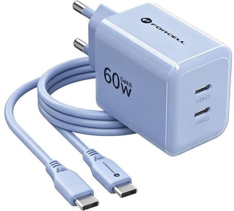 ⁨Ładowarka sieciowa Forcell F-Energy GaN III VT-60 60W PD QC 4.0+ 2x USB-C niebieska + kabel USB-C⁩ w sklepie Wasserman.eu