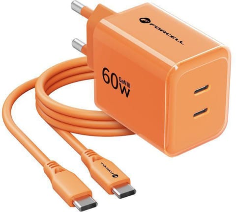 ⁨Ładowarka sieciowa Forcell F-Energy GaN III VT-60 60W PD QC 4.0+ 2x USB-C pomarańczowa + kabel USB-C⁩ w sklepie Wasserman.eu