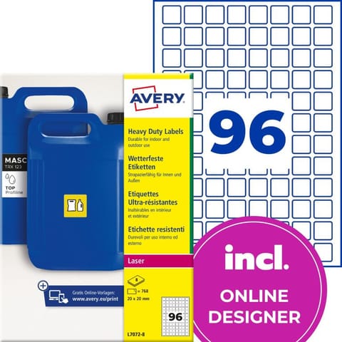 ⁨Etykiety do oznaczeń PPWR foliowe z trwałym klejem białe 20x20mm (8 ark.) L7072-8 AVERY ZWECKFORM⁩ w sklepie Wasserman.eu