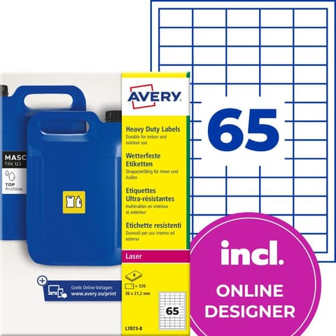 ⁨Etykiety do oznaczeń PPWR foliowe z trwałym klejem białe 38x21,2mm (8 ark.) L7073-8 AVERY ZWECKFORM⁩ w sklepie Wasserman.eu