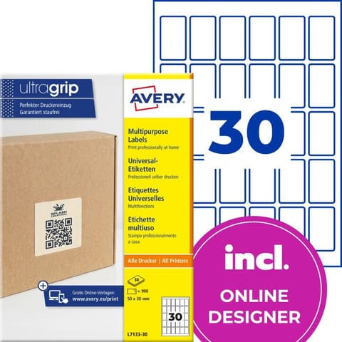 ⁨Etykiety do kodów QR papierowe z trwałym klejem białe 50x30mm (30 ark.) L7133-30 AVERY ZWECKFORM⁩ w sklepie Wasserman.eu