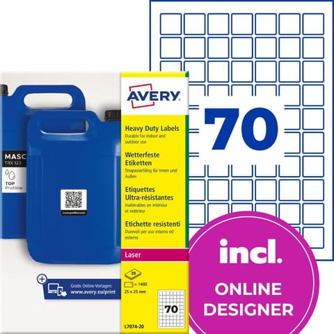 ⁨Etykiety do kodów QR foliowe z trwałym klejem białe 25x25mm (20 ark.) L7074-20 AVERY ZWECKFORM⁩ w sklepie Wasserman.eu
