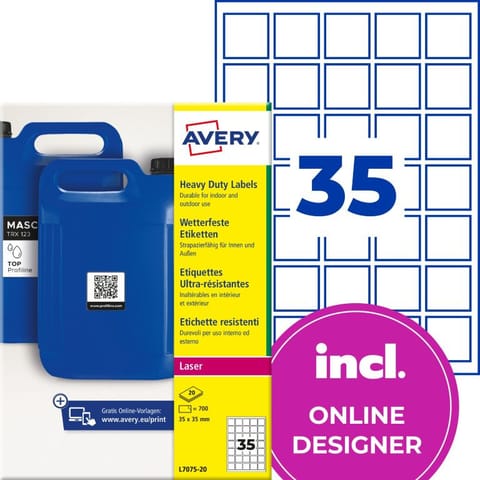 ⁨Etykiety do kodów QR foliowe z trwałym klejem białe 35x35mm (20 ark.) L7075-20 AVERY ZWECKFORM⁩ w sklepie Wasserman.eu