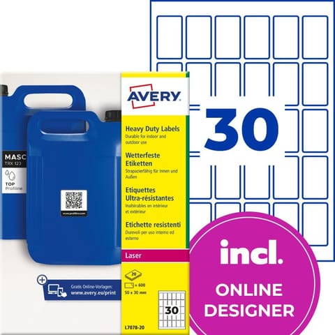 ⁨Etykiety do kodów QR foliowe z trwałym klejem białe 50x30mm (20 ark.) L7078-20 AVERY ZWECKFORM⁩ w sklepie Wasserman.eu
