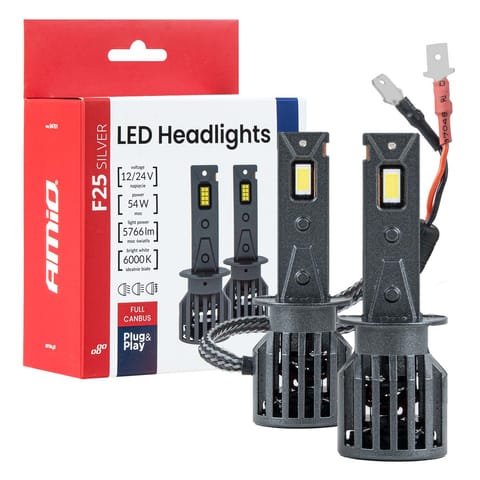 ⁨Żarówki samochodowe led f25 silver full canbus 54w h1 12v 24v amio-04701⁩ w sklepie Wasserman.eu