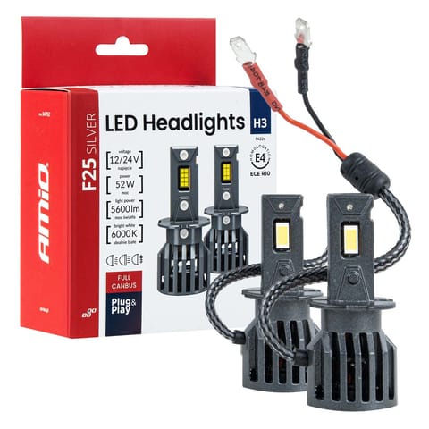⁨Żarówki samochodowe led f25 silver full canbus 52w h3 12v 24v amio-04702⁩ w sklepie Wasserman.eu
