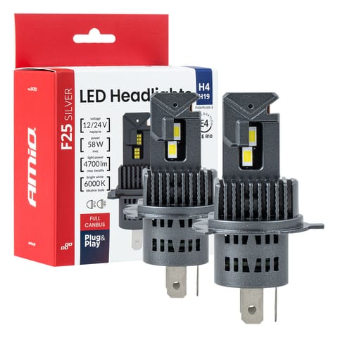 ⁨Żarówki samochodowe led f25 silver full canbus 58w h4 h19 12v 24v amio-04703⁩ w sklepie Wasserman.eu