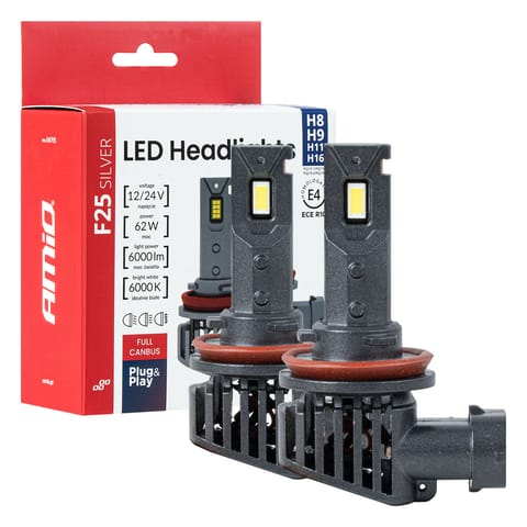 ⁨Żarówki samochodowe led f25 silver full canbus 62w h8 h9 h11 h16 12v 24v amio-04705⁩ w sklepie Wasserman.eu