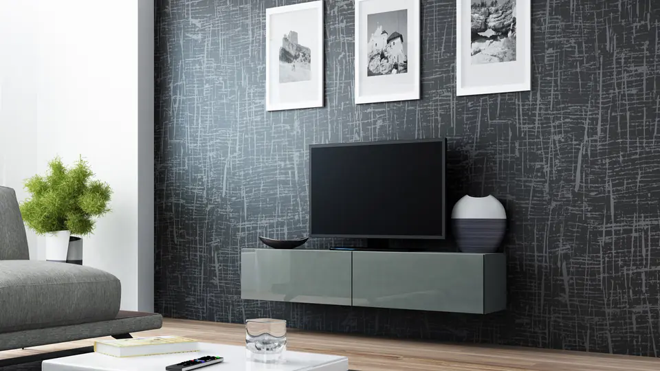 ⁨Cama TV stand VIGO 140 30/140/40 grey/grey gloss⁩ at Wasserman.eu