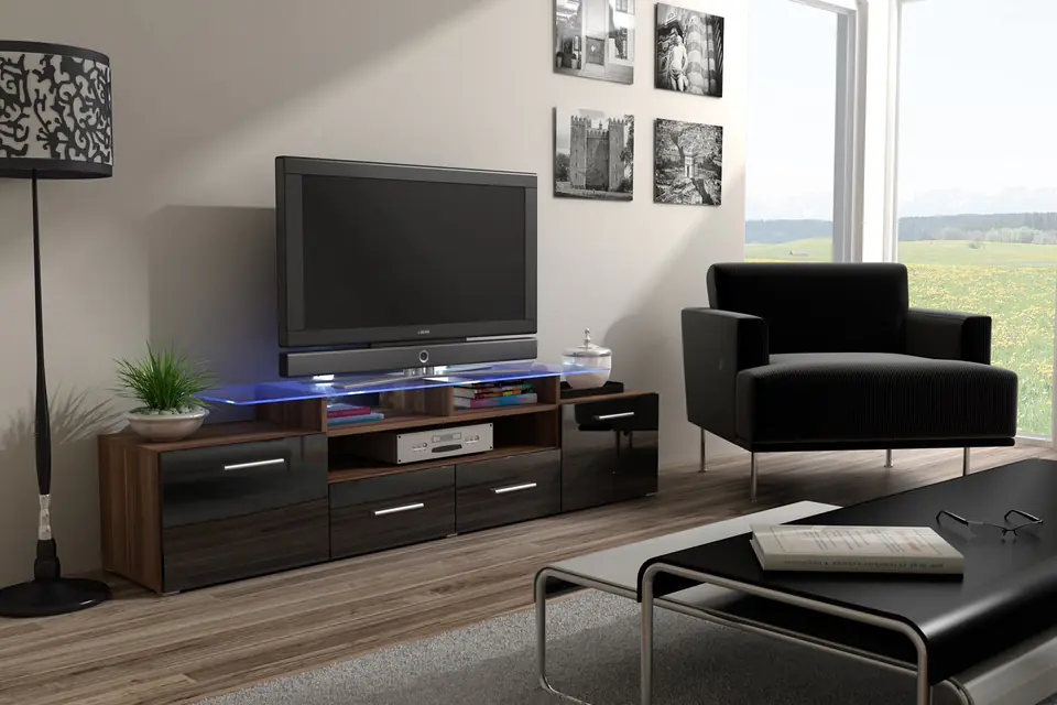 ⁨Cama TV stand EVORA 200 plum tree/black gloss⁩ at Wasserman.eu