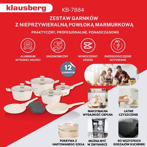 ⁨Zestaw garnków, 12 elementów, aluminium z powłoką markurkową, kremowe, klausberg, kb-7884⁩ w sklepie Wasserman.eu