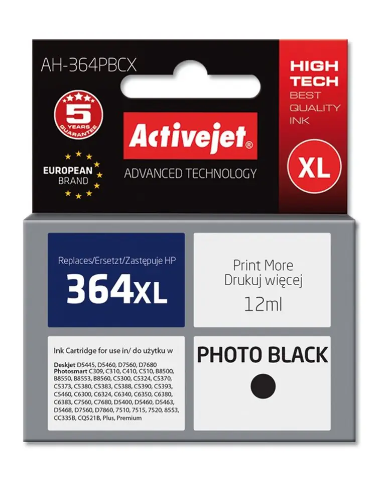 ⁨Activejet AH-364PBCX HP Printer Ink, Compatible with HP 364XL CB322EE;  Premium;  12 ml;  black, photo.⁩ at Wasserman.eu