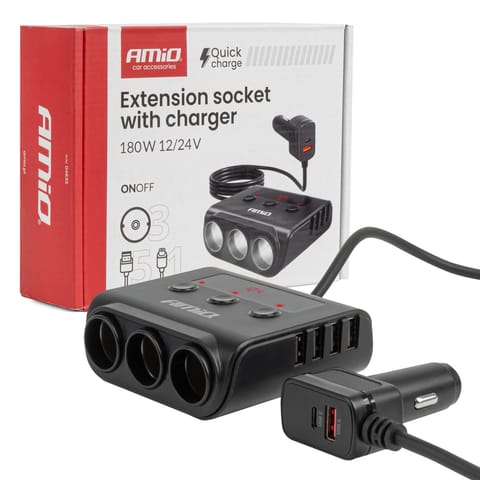 ⁨Rozgałęźnik gniazda zapalniczki z ładowarką 4xusb-a qc3.0 pd 3.0 180 w amio-04835⁩ w sklepie Wasserman.eu
