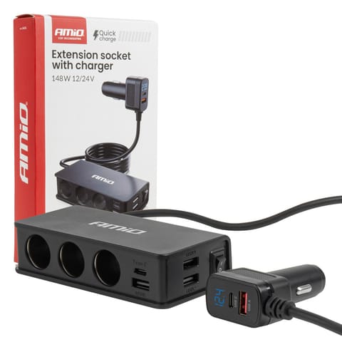 ⁨Rozdzielacz gniazda zapalniczki z ładowarką 3xusb-a usb-c qc 3.0 pd 3.0. 148w amio-04836⁩ w sklepie Wasserman.eu