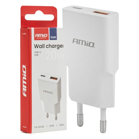⁨Ładowarka sieciowa 230v 20w gan usb-c usb-a amio-04838⁩ w sklepie Wasserman.eu