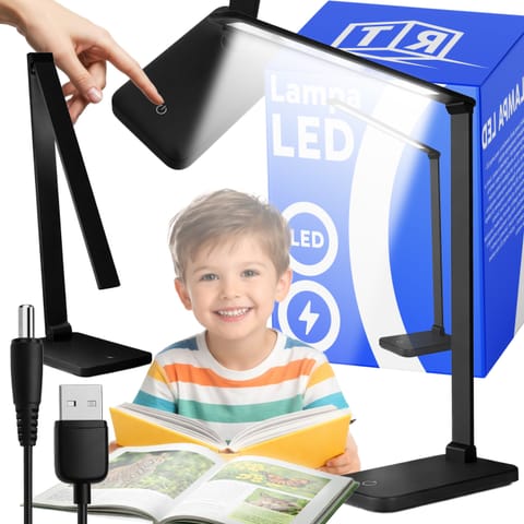 ⁨Lampka led biurkowa szkolna na biurko dotykowa 5 barw 5w ściemniana usb -e147-1 czarny⁩ w sklepie Wasserman.eu