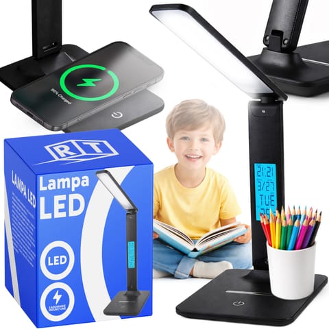 ⁨Lampka led biurkowa regulowana szkolna biurko wyświetlacz lcd ładowanie usb -czarna e146-2 skórzany wzór z 1 przyciskiem⁩ w sklepie Wasserman.eu