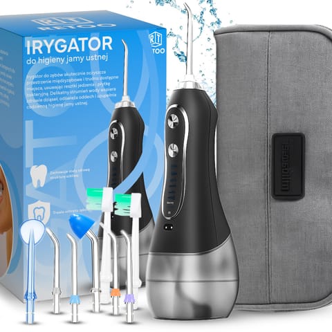 ⁨Irygator do zębów bezprzewodowy dentystyczny 5 trybów 8 końcówek 300ml+etui⁩ w sklepie Wasserman.eu