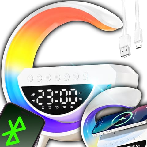 ⁨Lampka nocna led rgb ładowarka indukcyjna bluetooth zegar radio głośnik⁩ w sklepie Wasserman.eu