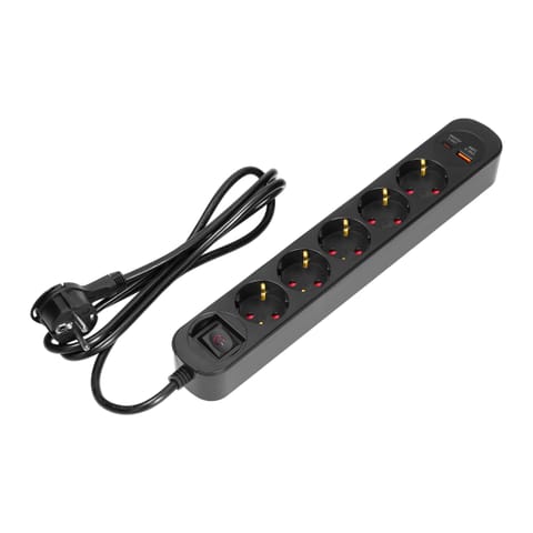 ⁨Listwa przeciwprzepięciowa, 5 gniazd 2P+Z (Schuko), kabel 3x1,5mm2, długość 1,5m, z wyłącznikiem podświetlanym dwutorowym, 16A, ochronnik przeciwprzepięciowy, ładowarka 2xUSB, 2,1A, płaska wtyczka, czarny⁩ w sklepie Wasserman.eu