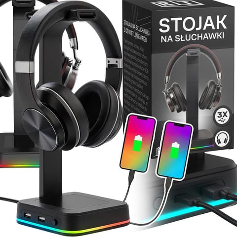 ⁨Stojak uchwyt na słuchawki oświetlenie rgb hub usb⁩ w sklepie Wasserman.eu