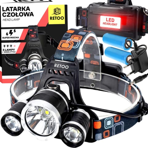 ⁨Latarka czołowa na głowę 3 diody led t6 cree lampka czołówka mocna -e051⁩ w sklepie Wasserman.eu