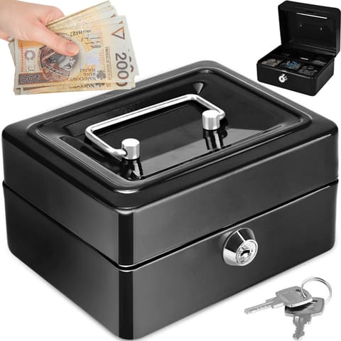 ⁨Duża kasetka na pieniądze sejf banknoty bilon xxl na kluczyk metalowa -czarna o156-2⁩ w sklepie Wasserman.eu