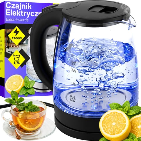 ⁨Czajnik elektryczny szklany bezprzewodowy podświetlany led 1,7l 2200w mocny - or1296⁩ w sklepie Wasserman.eu