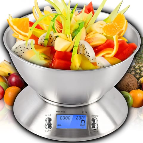 ⁨Dokładna waga kuchenna z termometr elektroniczna z miską 1g-5kg inox timer⁩ w sklepie Wasserman.eu