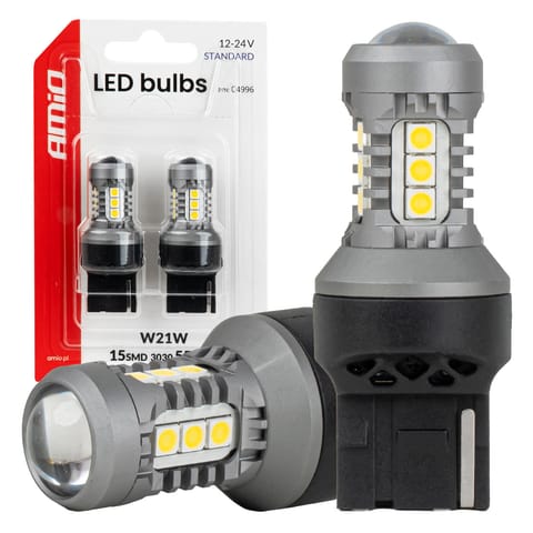 ⁨Żarówki led standard 7440 w21w 3030 15smd białe 12v 24v amio-04996⁩ w sklepie Wasserman.eu