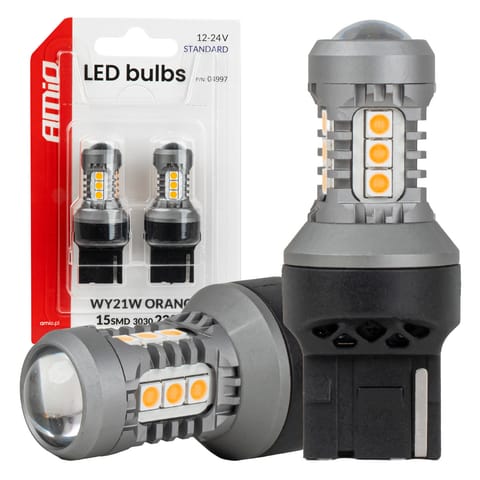 ⁨Żarówki led standard 7440 wy21w 3030 15smd pomarańczowe 12v 24v amio-04997⁩ w sklepie Wasserman.eu