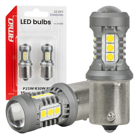 ⁨Żarówki led standard ba15s p21w 3030 15smd białe 12v 24v amio-05000⁩ w sklepie Wasserman.eu
