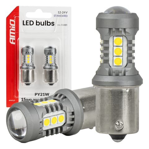 ⁨Żarówki led standard bau15s py21w 3030 15smd białe 12v 24v amio-05001⁩ w sklepie Wasserman.eu