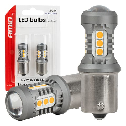 ⁨Żarówki led standard bau15s py21w 2x1860smd 3030 15smd pomarańczowe 12v 24v amio-05002⁩ w sklepie Wasserman.eu