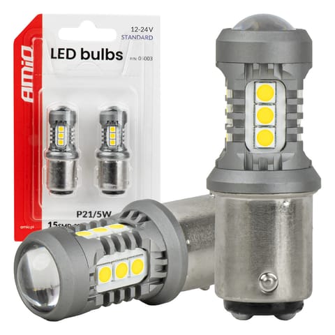 ⁨Żarówki led standard bay15d p21/5w 3030 15smd białe 12v 24v amio-05003⁩ w sklepie Wasserman.eu