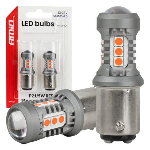 ⁨Żarówki led standard bay15d p21/5w 3030 15smd czerwone 12v 24v amio-05004⁩ w sklepie Wasserman.eu