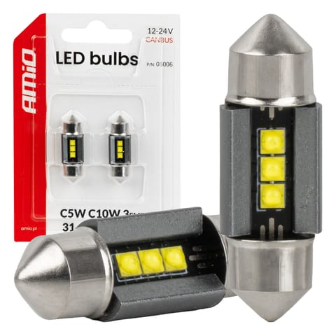⁨Żarówki led canbus c5w c10w 31mm 2525 3smd białe 12v 24v amio-05006⁩ w sklepie Wasserman.eu