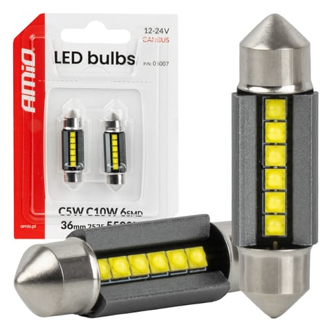 ⁨Żarówki led canbus c5w c10w 36mm 2525 6smd white 12v 24v amio-05007⁩ w sklepie Wasserman.eu