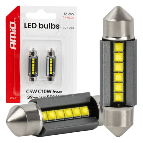 ⁨Żarówki led canbus c5w c10w 39mm 2525 6smd białe 12v 24v amio-05008⁩ w sklepie Wasserman.eu