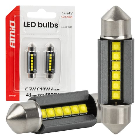 ⁨Żarówki led canbus c5w c10w 41mm 2525 6smd white 12v 24v amio-05009⁩ w sklepie Wasserman.eu
