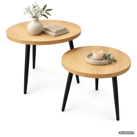 ⁨Zestaw stolików kawowych TWINO 52 cm okrągłe Naturalne Drewno czarne nogi⁩ w sklepie Wasserman.eu
