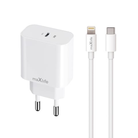 ⁨Maxlife ładowarka sieciowa pd qc mxtc-06-20c 1x usb-c 20w biała + kabel usb-c – lightning 20w⁩ w sklepie Wasserman.eu