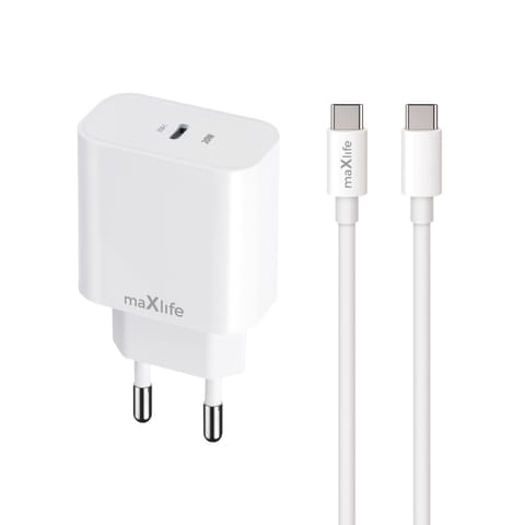 ⁨Maxlife ładowarka sieciowa pd qc mxtc-06-20c 1x usb-c 20w biała + kabel usb-c – usb-c 20w⁩ w sklepie Wasserman.eu