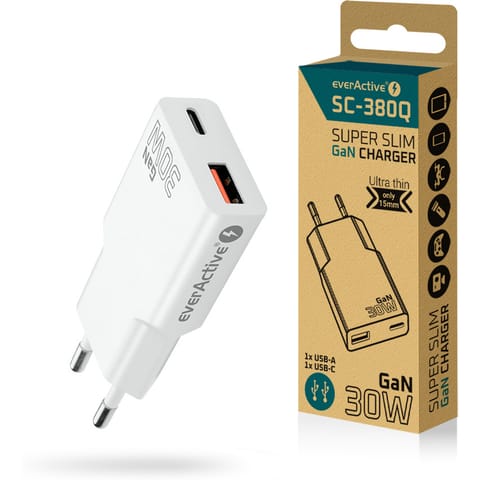 ⁨Ładowarka sieciowa 230V EVERACTIVE SC-380Q 1xUSB-A 1xUSB-C 30W biała⁩ w sklepie Wasserman.eu
