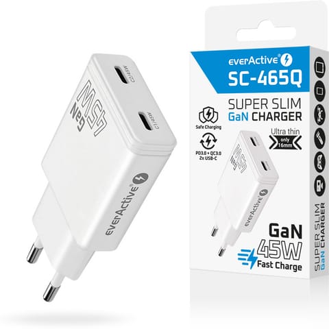 ⁨Ładowarka sieciowa 230V EVERACTIVE SC-465Q 2xUSB-C 45W biała⁩ w sklepie Wasserman.eu
