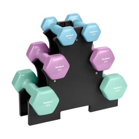 ⁨Hantelki żeliwne winylowe HEX zestaw 12kg ze stojakiem (2x1kg+2x2kg+2x3kg), REBEL ACTIVE⁩ w sklepie Wasserman.eu