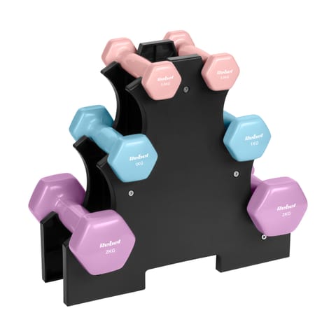 ⁨Hantelki żeliwne winylowe HEX zestaw 7kg ze stojakiem (2x0.5kg+2x1kg+2x2kg), REBEL ACTIVE⁩ w sklepie Wasserman.eu
