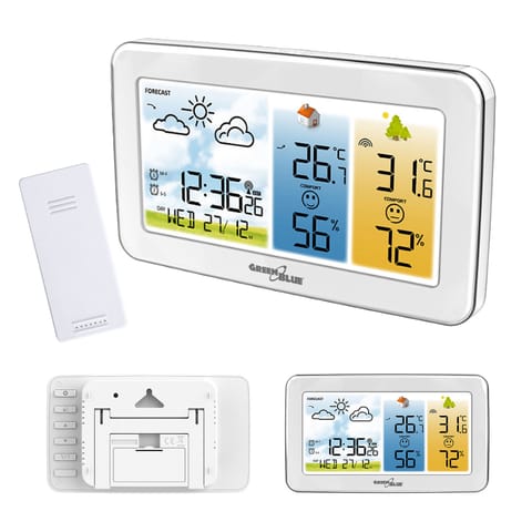 ⁨Bezprzewodowa stacja pogody GreenBlue,temperatura + wilgotność IN/OUT, zega/alarm/data, °C / °F, zasięg do 60m, GB442 W⁩ w sklepie Wasserman.eu