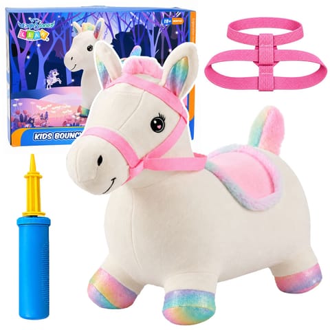 ⁨Pluszowy Konik Skoczek Pompowany Dla Dzieci Do Skakania Biały 60cm⁩ w sklepie Wasserman.eu