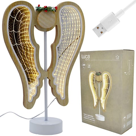⁨ANIOŁ DEKORACYJNY SKRZYDŁA DREWNIANY 106 LED INFINITY 37CM USB LUCA⁩ w sklepie Wasserman.eu
